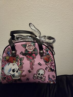 Ed Hardy Pink Tattoo Skull & Rose Satchel with Black Handles. Also A Lunch Bag.